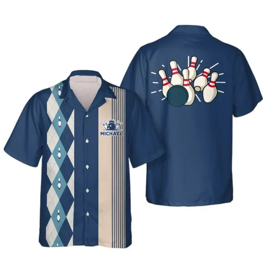 Blue Argyle 1950s Custom Bowling 3D Hawaiian Shirt