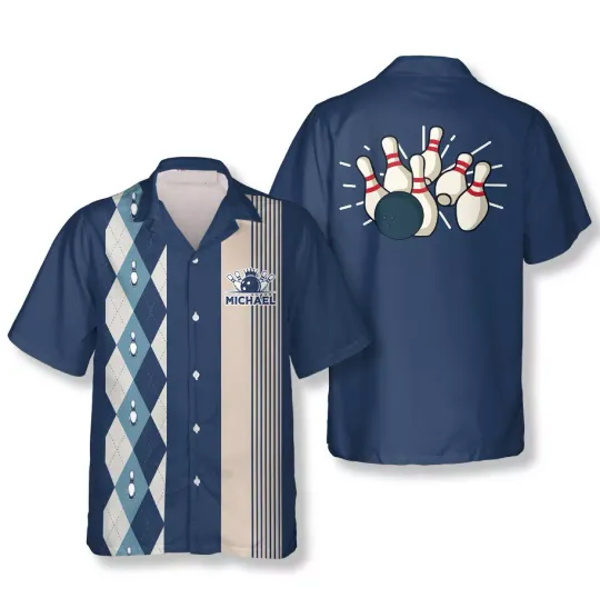 Blue Argyle 1950s Custom Bowling 3D Hawaiian Shirt