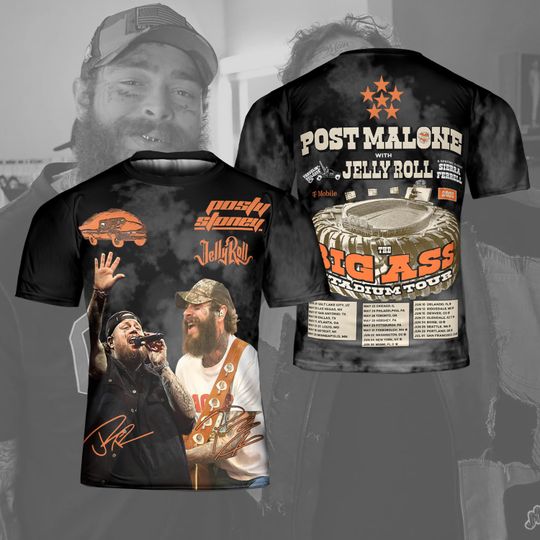 Posty & Jelly Roll Tour 2025 T-Shirt, Retro Big Ass Tour 3D Graphic Concert Shirt for Fans, Unisex Rapper Music Shirt