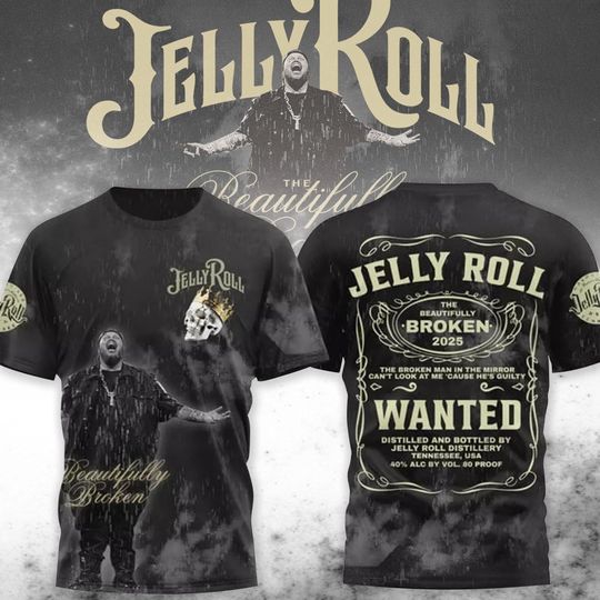 Retro Jelly Roll 3D Shirt, Beautifully Broken Tour 2025 Shirt, 3D Graphic Shirt for Fans of Country Rock & Southern Rap