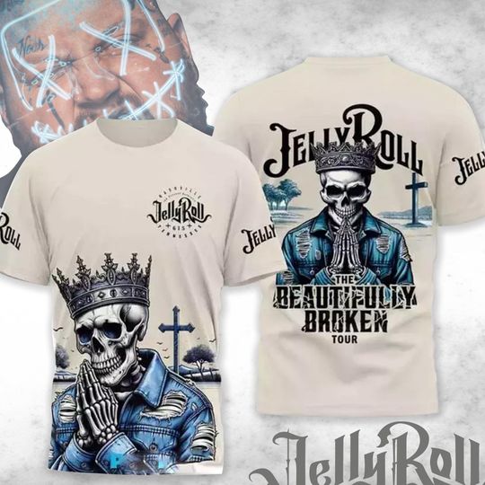 Jelly Roll 3D Graphic T-Shirt, The Beautifully Broken Tour Tee, Retro Streetwear Shirt for Fans, Vintage Style Biker Skull Tee, Unisex Gift