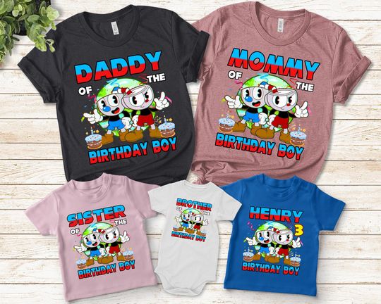 Cuphead Mugman Birthday T-Shirt, Custom Personalized Boy Girl Cartoon Birthday Shirt, Kids Toddler Birthday Gift For Son Daughter