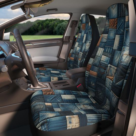 Rustic Two Tone Denim Pockets Car Seat Covers, Gift for Him, Cowboy Western Father's Day, Work Truck Decor, Masculine Car Accessories, Farm