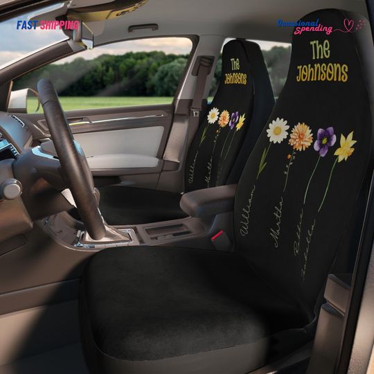 Discover Personalized Floral Car Seat Covers for Family - Customizable with Names, Car Interior Decor, Car Seat Protector, Front Car Seat Cover