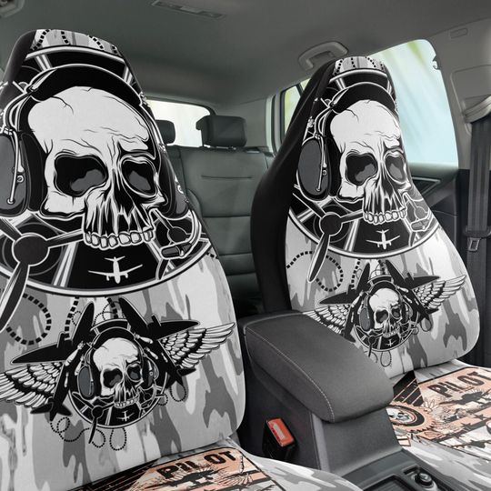 Skull Pilot Car Seat Covers Set of 2, Universal Fit. Military Car Decor, Durable Car Covering, Aviation airforce soldier army veteran gift