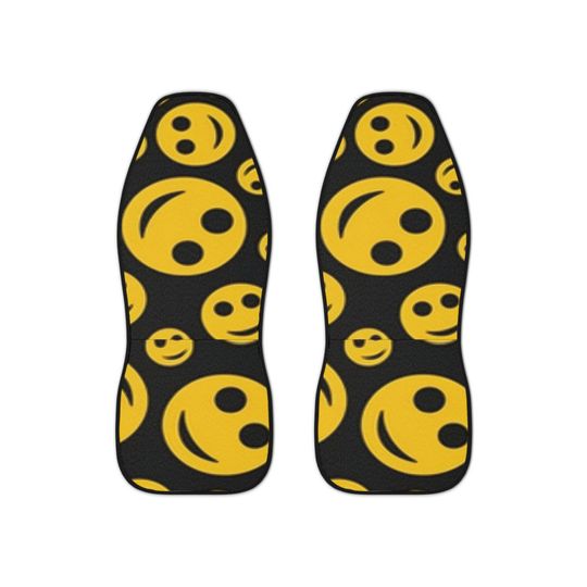 Car Seat Covers Emoji For Vehicle Full Set Front Seat, Black Yellow Smilecore Smile Faces Seat Covers For Car,  Auto Gift Cover For Her Him