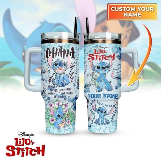 Custom Ohana Means Family Stitch Tumbler 40Oz, Custom Stitch Tumbler Printed, Lilo And Stitch Coffee Tumbler, Disney Insulated Tumbler