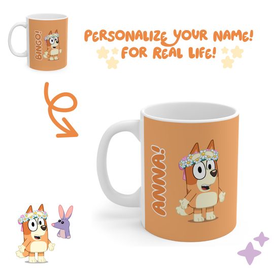 PERSONALIZE Bingo Heeler Ceramic mug 11oz, BlueyDad Mug, BlueyDad Sister Coffee Cup, Gifts for Mom, Gifts for Women, BlueyDad Gifts, Coffee Lovers