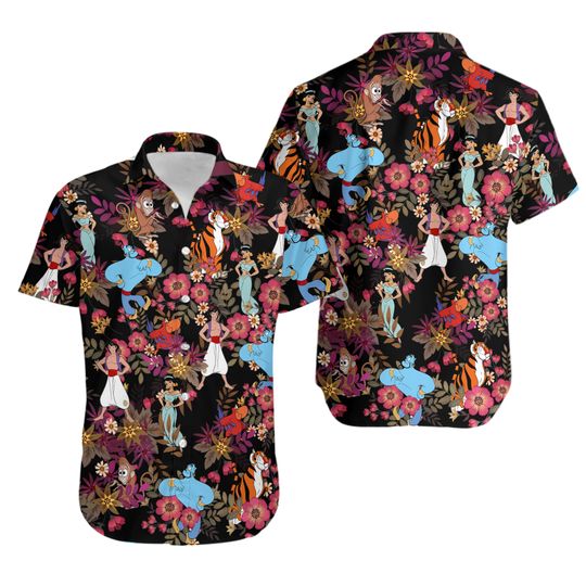 Disney Aladdin Button Shirt, Jasmine And Aladdin Summer Short, Princess Jasmine Tropical Hawaii Shirt, Genie Aladdin Beach Short