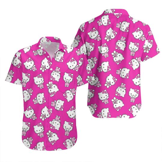 Hello Kitty Hawaiian Shirt, Hello Kitty Shirt, Hello Kitty Button Shirt, Cute Cat Summer Shirt, Hello Kitty Beach Shirt, Gift For Mom