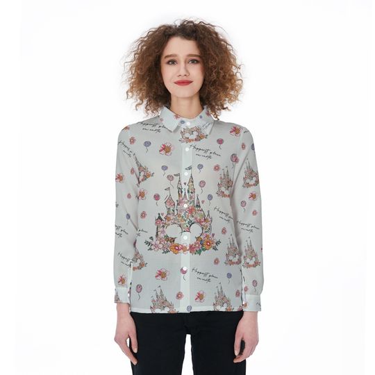 Discover Happiest Place On Earth Linen Shirt, Magic Kingdom Shirt Women, Disneyland Trip Shirt For Her, Mickey And Friends Long Sleeve Shirt