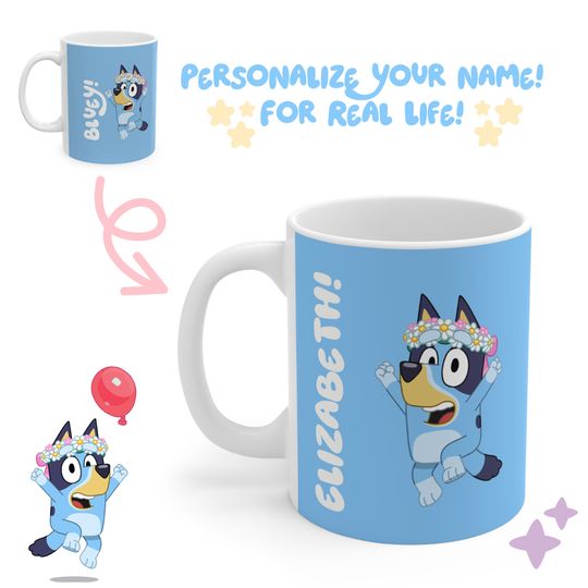PERSONALIZE BlueyDad Mug! Heeler Family Adventure: Vibrant 11oz Ceramic BlueyDad Mum, Dad and Bingo