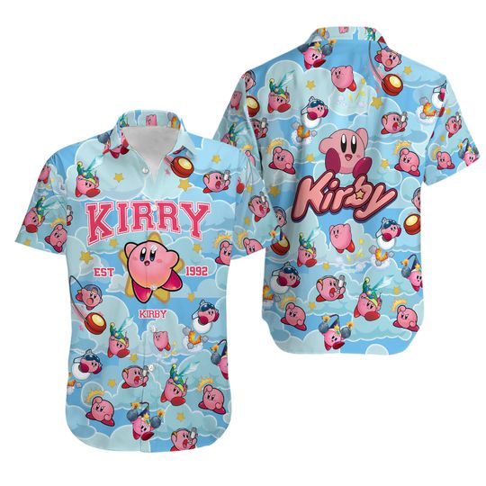 Pink Kirby Video Game Summer Vacation Hawaiian Shirt, Family Trip Outfit Shirt