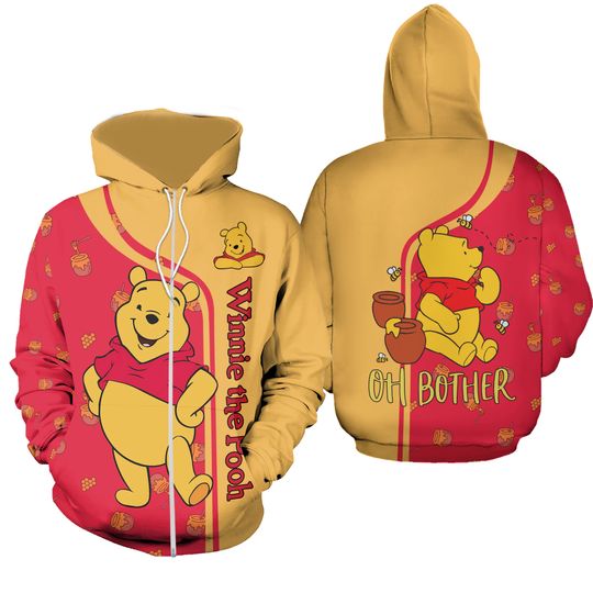 Winnie The Pooh Hoodie, Pooh Disney Zip Hoodie, Disney Pooh 3D Hoodie