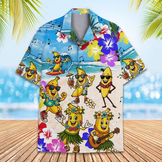 Discover Funny Banana Hawaiian Shirt, Hula Banana Button-Down Short Sleeve Shirt, Tropical Summer Beach Party Shirt