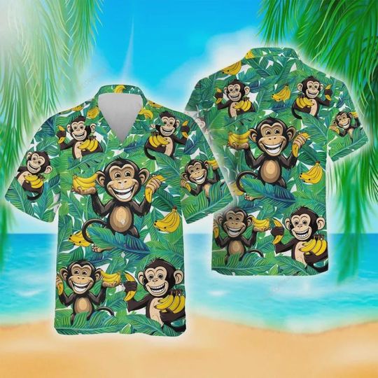 Funny Monkey With Banana Tropical Summer Men's Hawaiian Shirts, Monkey Tropical Beach Shirt, Short Sleeve Button Down Hawaiian Shirt