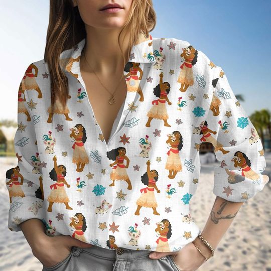 Moana and Pua Blouse Shirt, Tropical Island Linen - Look Shirt, Disney Princess Ocean Gift for Summer, Summer Blouse Women Shirt