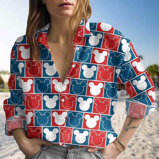 Mickey Blouse Shirt, 4th of July Mickey Shirt, Disney Vacation Outfit, Red White Blue Mickey Top, Mickey Blouse W