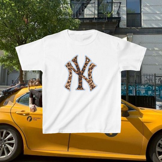 Y2K Blue New York Leopard Print Baby Tee, Cool Girl Clothing, NY Aesthetic Shirt AHS Trendy 90s Style Full Length Graphic TShirt Women Retro