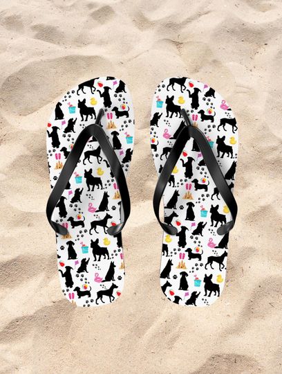 Dog Breed and Beach Toys Flip Flops - Summer Vacation Beach Time Sandals, Spring Time Spirit, Fun Dog Lover Gift, Beach Theme Footwear, Paw