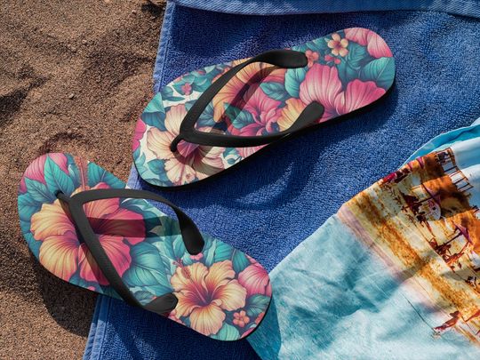 Discover Hibiscus Floral Flip Flops - Comfortable & Durable Beach Sandals for Summer Fun | Perfect for Poolside Lounging
