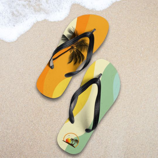 Retro Summer Sunset Flip Flops  Palm Tree Beach Vibes  Beach Sandal - Tropical Shoes - Cute Gifts - Summer Birthday