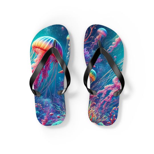 Underwater Jellyfish Flip Flops - Vibrant Ocean Scene Summer  Sandals Ocean Vibes Jellyfish Flip Flops - Stylish Summer Beach Sandals