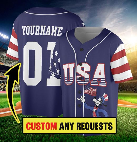 Personalized 4th of July Baseball Jersey, Mickey and Friends Patriotic USA America Kids Youth Adult Baseball Team, Red White and Blue