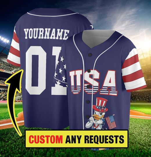 Personalized 4th of July Baseball Jersey, Mickey and Friends Patriotic USA America Kids Youth Adult Baseball Team, Red White and Blue