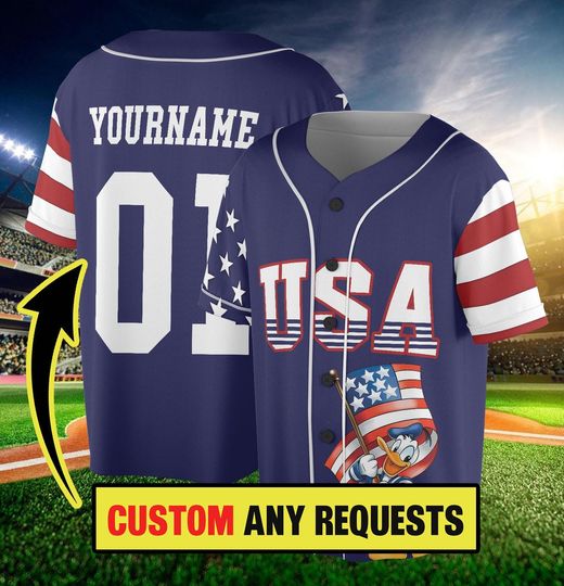 Personalized 4th of July Baseball Jersey, Mickey and Friends Patriotic USA America Kids Youth Adult Baseball Team, Red White and Blue