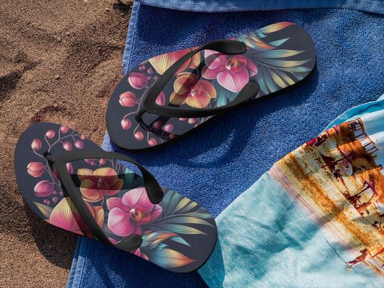 Orchid Floral Flip Flops - Comfortable & Durable Beach Sandals for Summer Fun | Perfect for Poolside Lounging