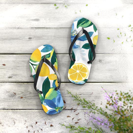 Lemon Floral Flip Flops - Summer Beach Sandals, Vacation Footwear, Pool Slides, Tropical Escape, Cruise Wear