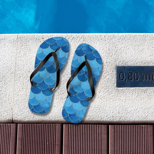 Blue Fish Scale Flip Flops, Summer Casual Footwear, Beach Flip Flops for Women, Pool and Spa Sandals, Ocean Lover Gift, Cute Thong Sandals