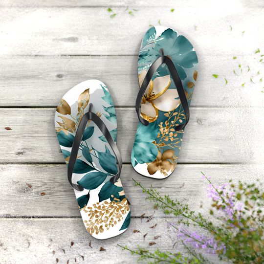 Flower Flip Flops, Summer Flip Flops, Cute Summer Sandals, Blue and Gold Flower Shoes, Summer Thongs for Women, Sandals for Women,