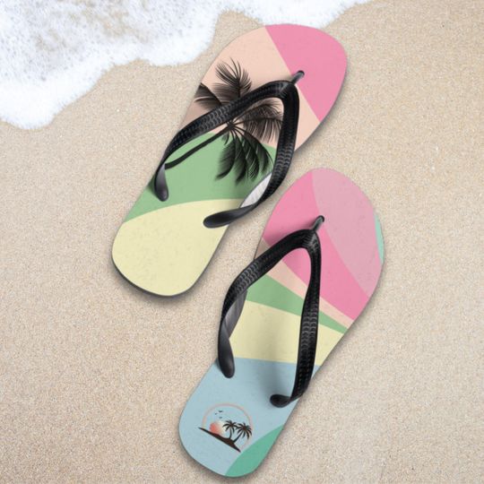 Flip Flops for Beach Vacation Poolside Gift Summer Wedding Travel Retro Palm Tree Pastel Sandals for Bridal Party or Girls Weekend Trip
