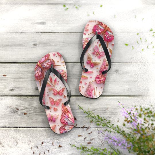 Pink Butterflies Flip Flops Gift, Beach Flip Flops, Summer Flip Flops, Summer Party, Summer Flip Flops, Summer Gift, Butterfly Lover Gift