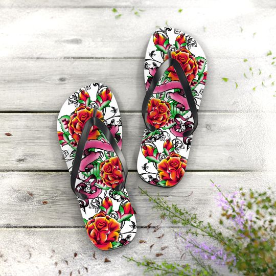 Ladies Rose and Ribbon - Ladies Flip Flops