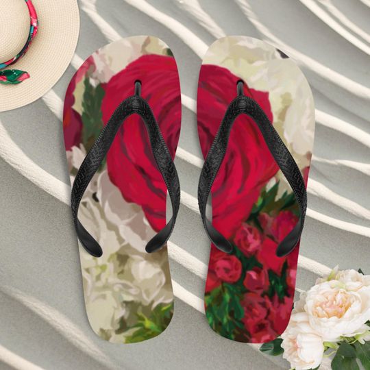 Flower flip flops, Women beach slippers, Gifts for her, Red rose flower slippers, Pretty summer beach flip-flop sandals, Flower lover gift