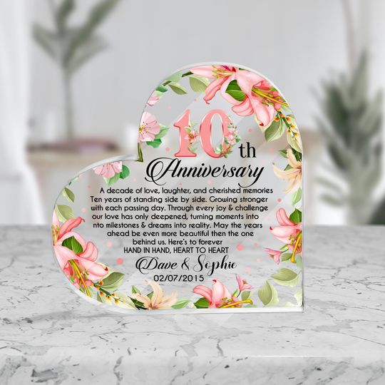 Personalized Wedding Anniversary Gift Heart Acrylic Plaque, Flowers Heart Plaque, Wedding Gifts For Parents, Anniversary Gift for Wife