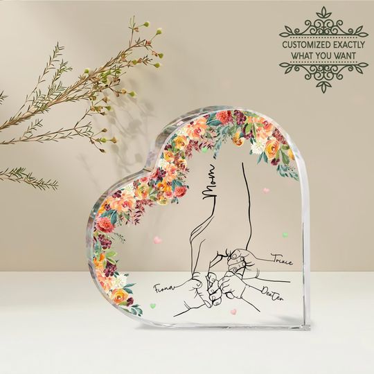 Personalized Name Mom And Kid Hands Heart Acrylic Plaque, Custom Mother's Day Gifts From Daughter, Christmas Gift For Mom, Custom Kids Names