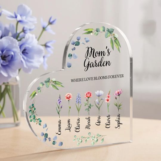 Personalized Acrylic Heart for Mom, Custom Mother's Day Heart Keepsake Gift, UV Printed, Kids' Names, Flowers, 15mm Thick, Unique Design