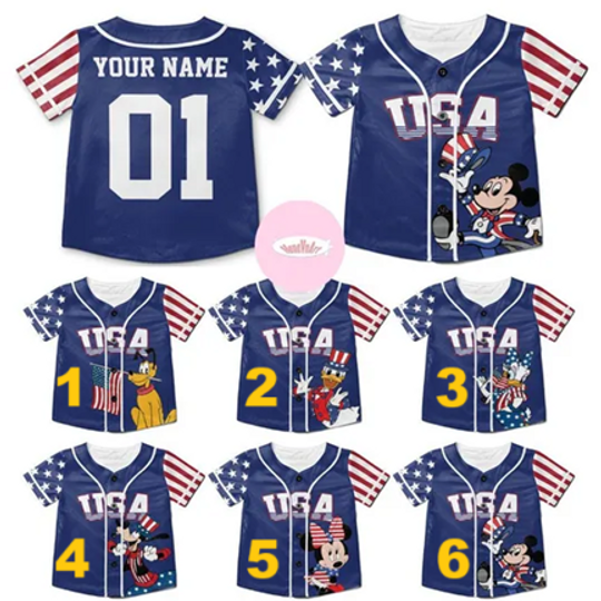 Personalized Disney 4th of July Baseball Jersey, Mickey and Friends Patriotic USA America Kids Youth Adult Baseball Team, Red White and Blue