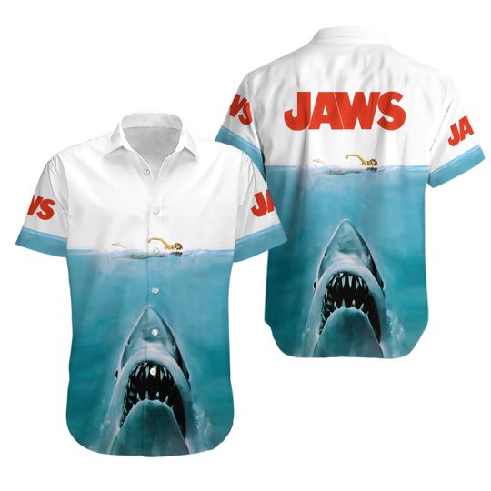 Jaws Hawaiian Shirt, Shark Horror Movie Button Shirt, Halloween Shirt, Summer Beach Shirt, Aloha Vacation Shirt, Ocean Lovers Gifts