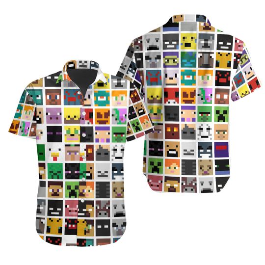 Minecraft Characters Hawaiian Shirt, Pixel Game Button Shirt, Kids Birthday Shirt, Pixel Game Lover Shirt, Funny Gaming Family Shirt