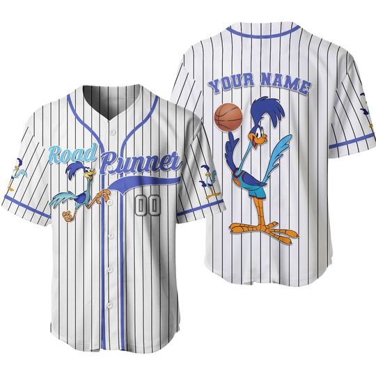 Personalize Road Runner Jersey Blue White, Cartoon Baseball Team Outfit