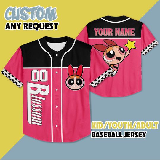 Personalized Blossom Pink Baseball Jersey, Disney The Powerpuff Girls Blossom Jersey Shirt, The Powerpuff Girls Baseball Team Outfit