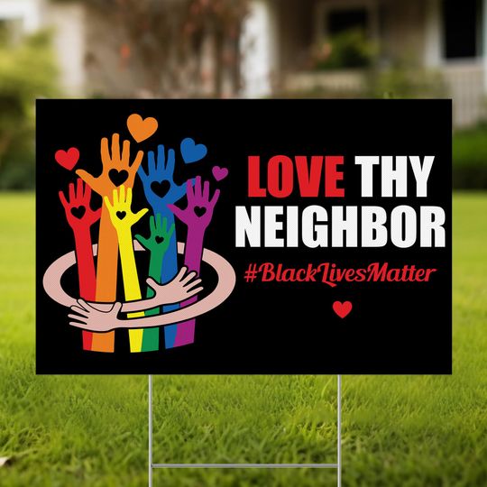 Love Your Neighbor Yard Sign with H Stake, Peace Garden Sign, Inspirational Rainbow for Equality and Human Rights