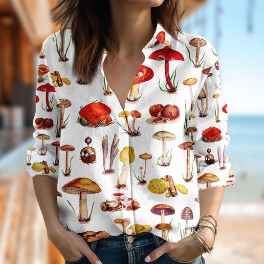 Colorful Mushroom Blouses Women Shirt, Colorful Mushroom Casual Women Shirt, Mushroom Shirt For Women, Mushroom Lovers Gift