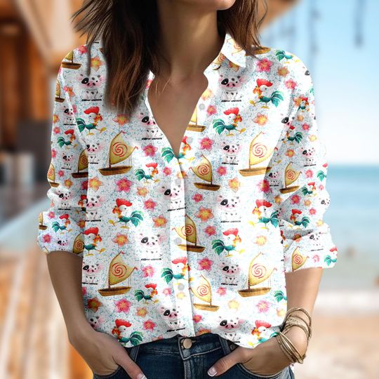 Funny Heihei And Pua Women Blouses Shirt, Moana Button Up Shirt, Heihei And Pua Summer Vacation Shirt, Disney Moana Casual Women Shirt