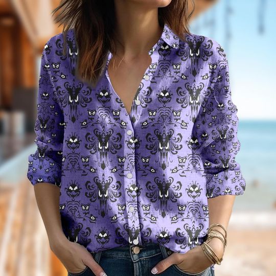 Haunted Mansion Symbol Pattern Blouses Women Shirt, Hitchhiking Ghosts Casual Women Shirt, Horror Movie Button Up, Haunted Mansion Tee